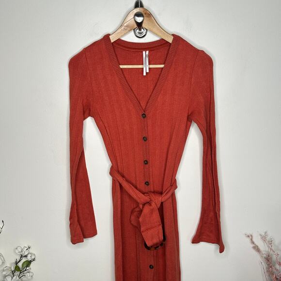 ANTHROPOLOGIE Elsa Rib Button Front Belt Maxi Sweater Dress Orange Sz XS {2C48} - Picture 3 of 8